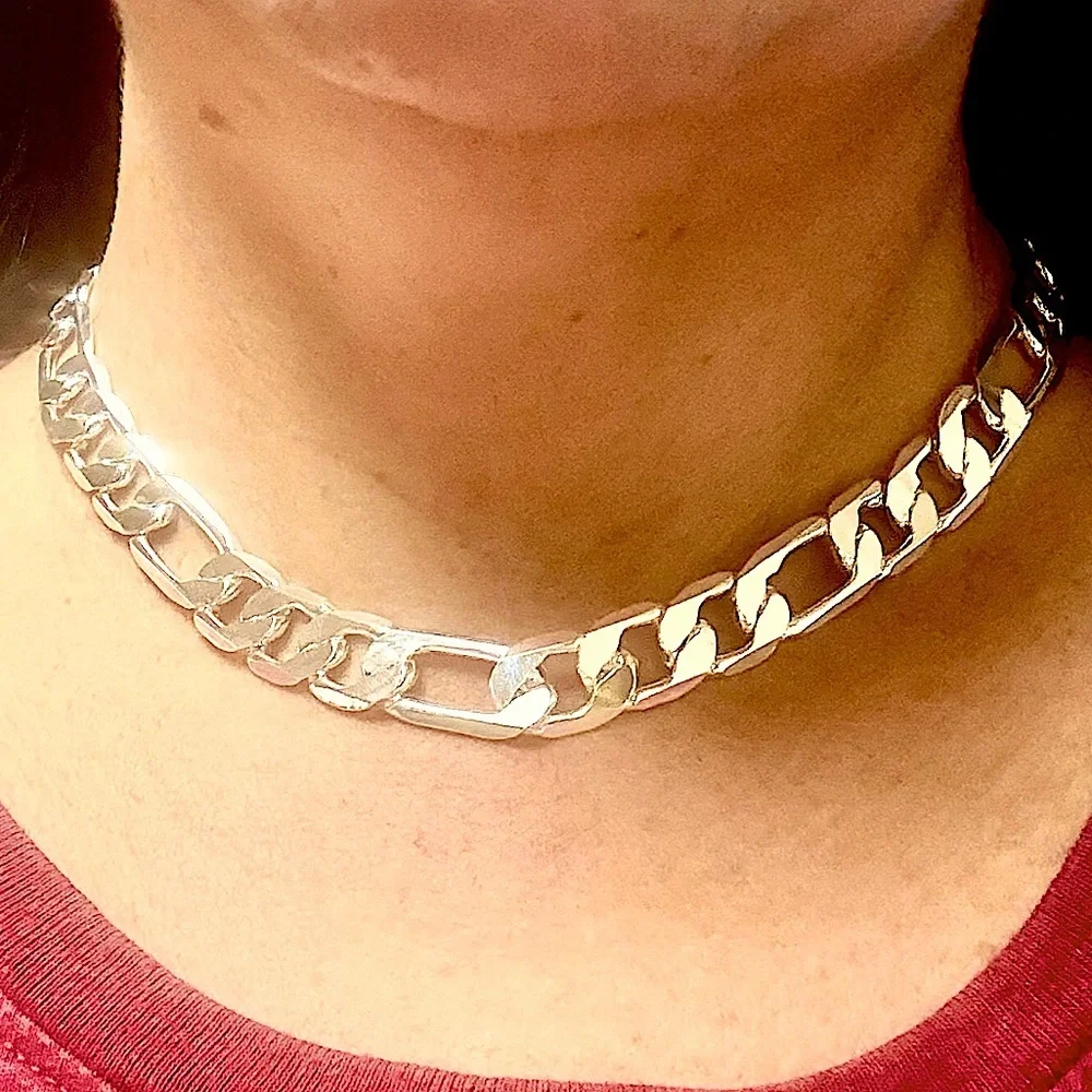 Sterling Silver Plated Figaro Chain 12mm Choker Necklace – Unisex